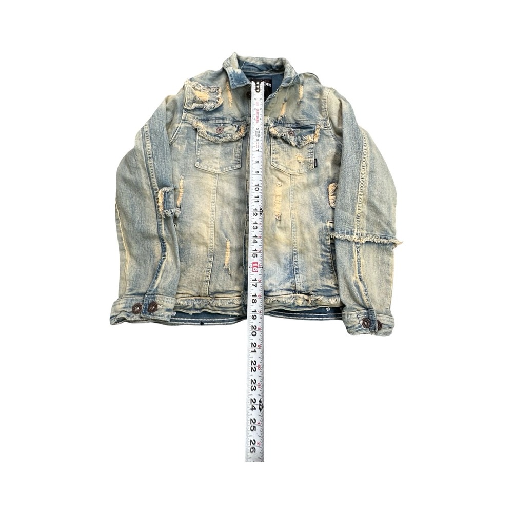 Makobi Denim Jacket Mens XL Blue Distressed Frayed Premium Cotton Trucker Coat - Picture 7 of 12